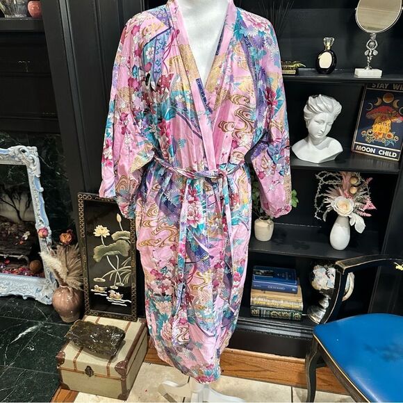 Hanten Traditional Japanese Kimono Pink Cotton Floral Robe Size Small/Medium - Picture 1 of 10